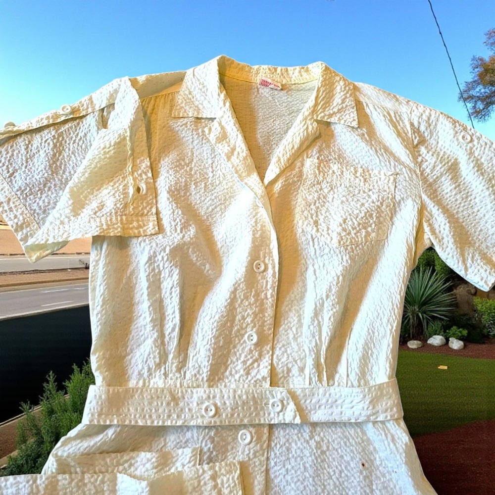 Vintage 1940s Wayne Maids White Seersucker Uniform Dress Belted Button Front 40 - Picture 16 of 16
